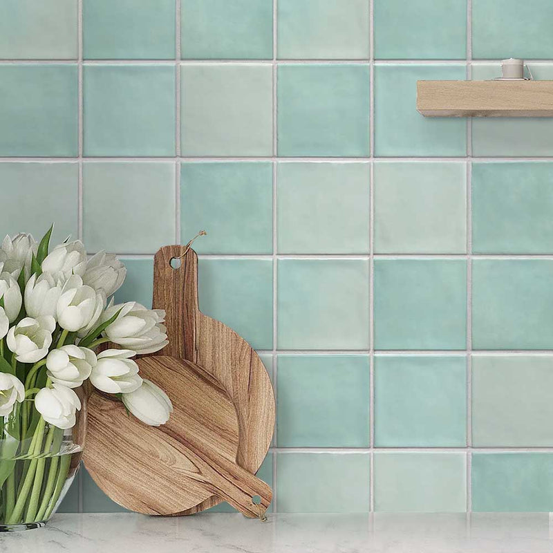 3D Light Teal Green Ceramic Square Peel and Stick Wall Tile