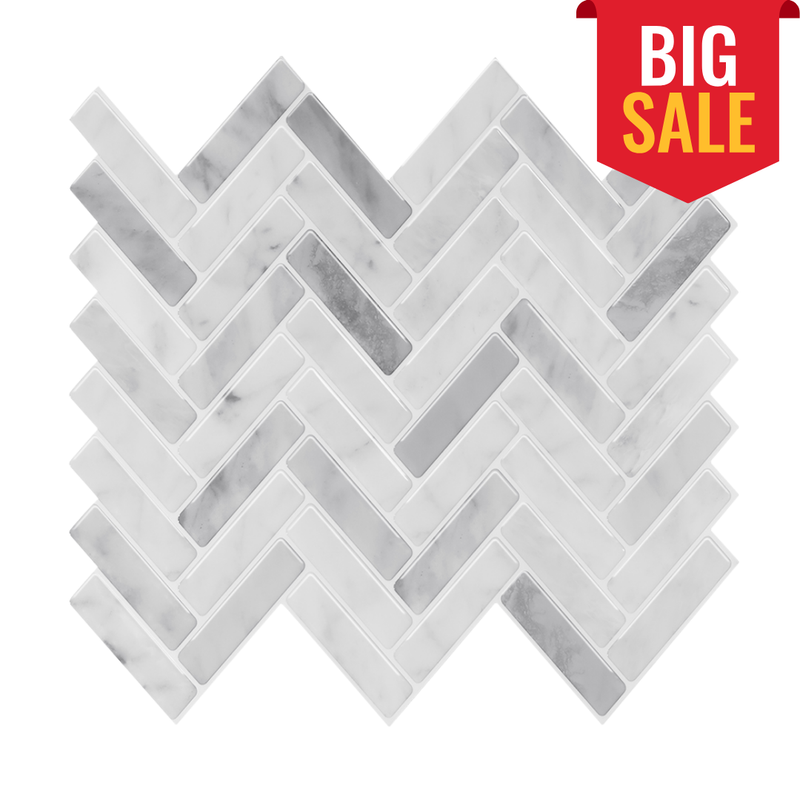 White Marble Herringbone Backsplash Peel and Stick Tile - Thicker Design