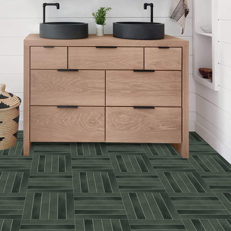 Dark Green Linear Square Peel and Stick Vinyl Floor Tile Sticker