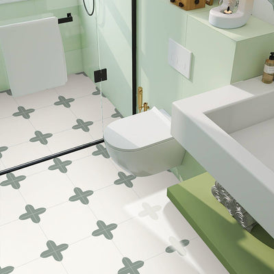 White and Green Square Peel and Stick Vinyl Floor Tile Sticker