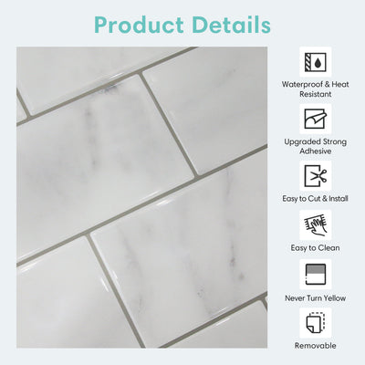 Carrara Marble Subway Peel and Stick Backsplash Tile - Thicker Design