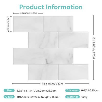 Azulejo para salpicaduras de mármol de Carrara Subway, despegable y pegado, diseño más grueso