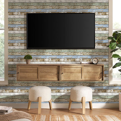 3D Blue Green Horizontal Wooden Plank Peel and Stick Wall Tile