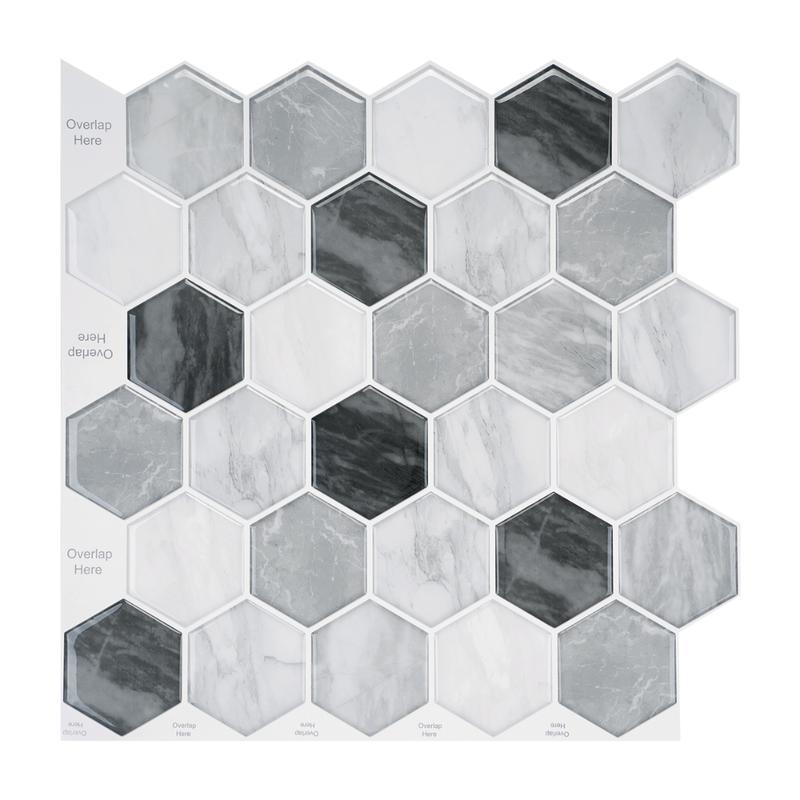 Azulejo protector contra salpicaduras hexagonal de mármol gris para pelar y pegar