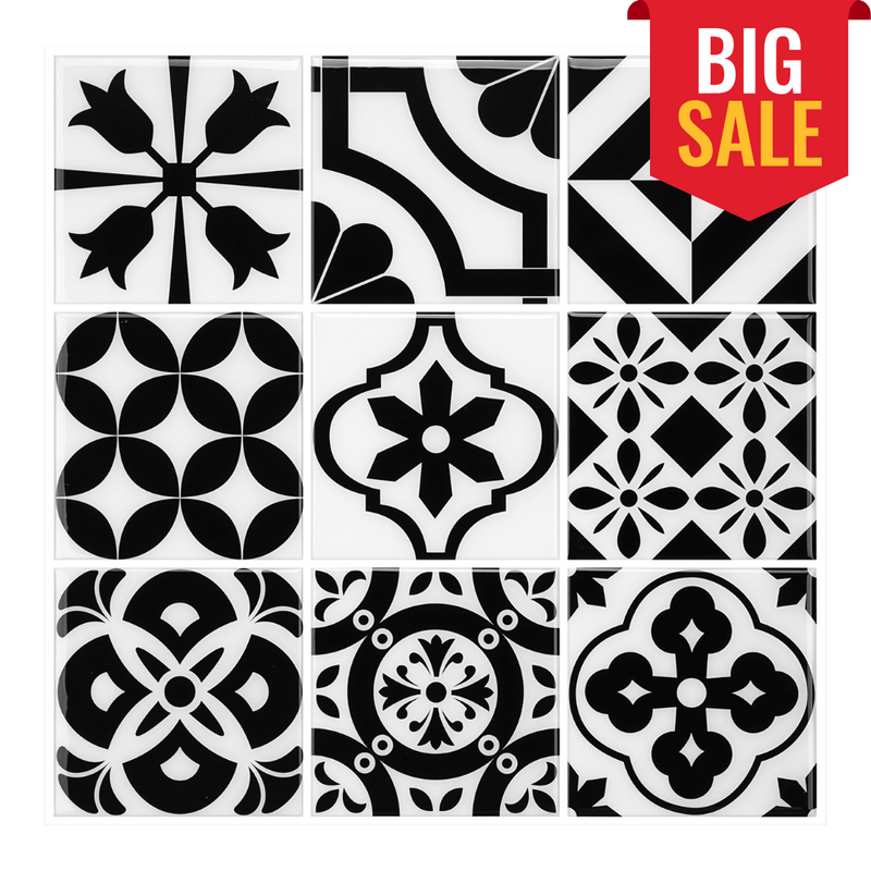 Square Spanish Black and White Peel and Stick Backsplash Tile