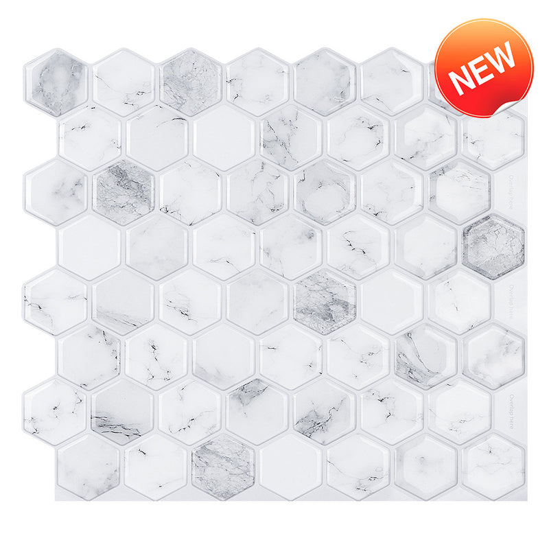 Azulejo protector contra salpicaduras hexagonal de mármol de Carrara para pelar y pegar