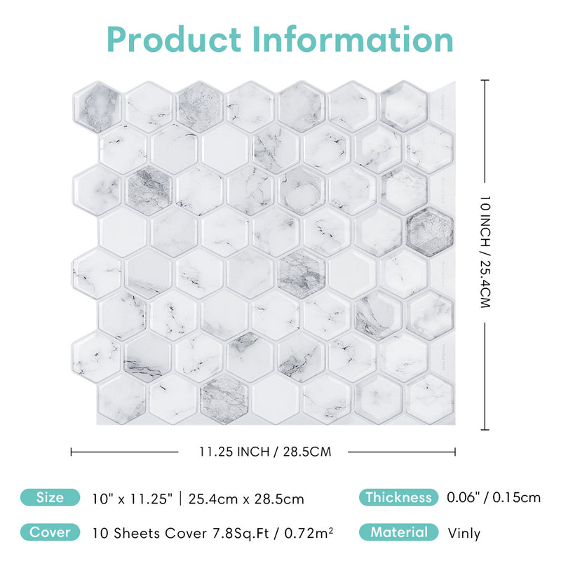 Azulejo protector contra salpicaduras hexagonal de mármol de Carrara para pelar y pegar