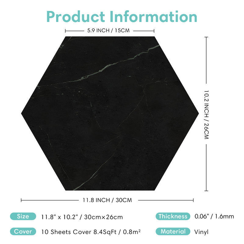 Black Marble Hexagon Peel and Stick Vinyl Floor Tile Sticker