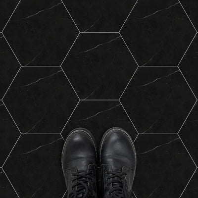 Black Marble Hexagon Peel and Stick Vinyl Floor Tile Sticker