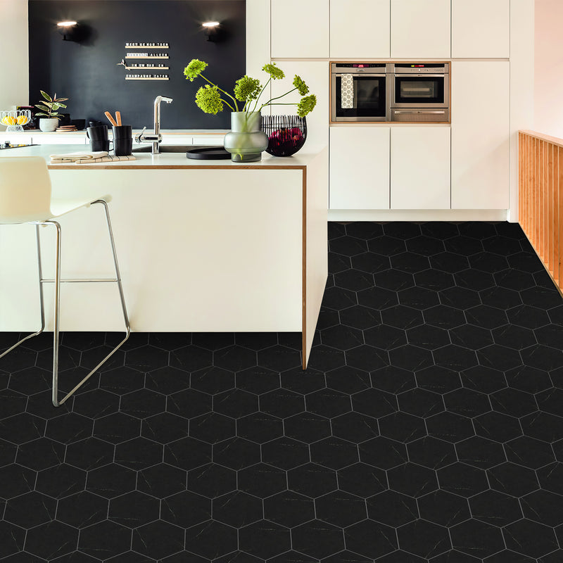 Black Marble Hexagon Peel and Stick Vinyl Floor Tile Sticker