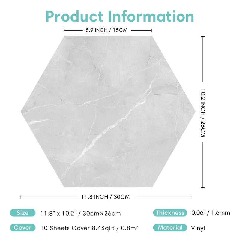 Grey Marble Hexagon Peel and Stick Vinyl Floor Tile Sticker