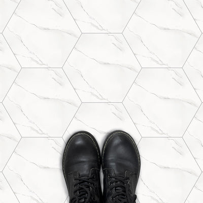 White Marble Hexagon Peel and Stick Vinyl Floor Tile Sticker