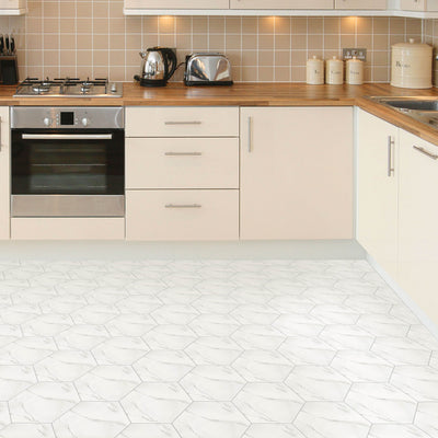 White Marble Hexagon Peel and Stick Vinyl Floor Tile Sticker