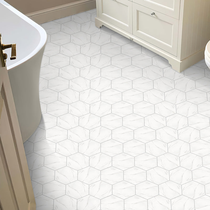 White Marble Hexagon Peel and Stick Vinyl Floor Tile Sticker