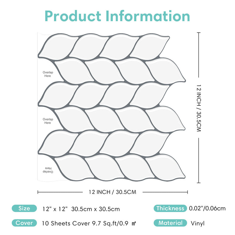 White Leaf Pattern Peel and Stick Backsplash Tile