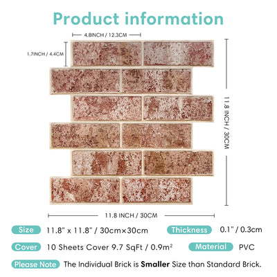 3D Whitewash Red Brick Peel and Stick Wall Tile