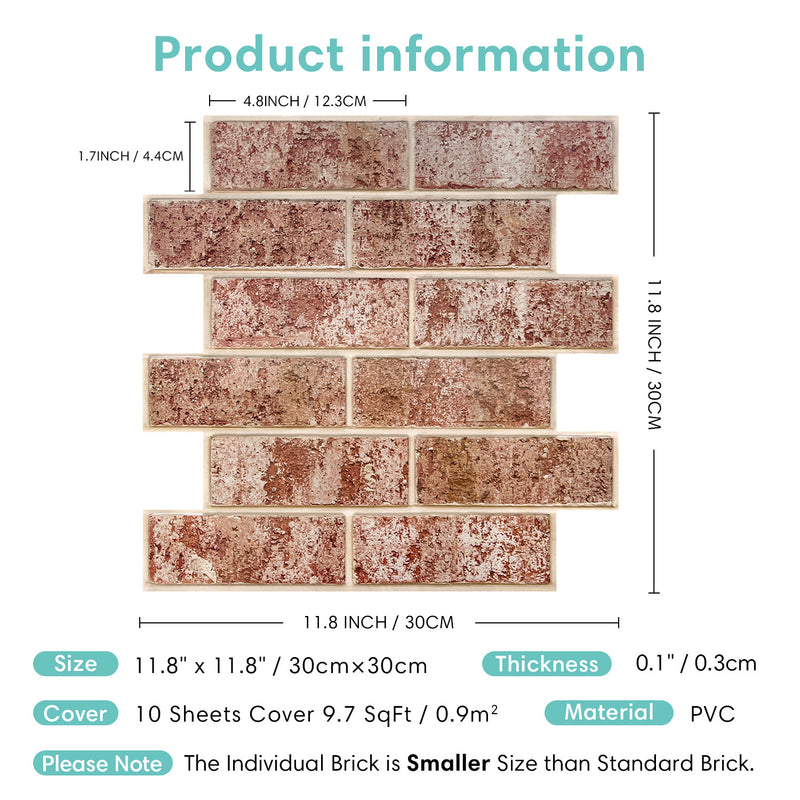 3D Whitewash Red Brick Peel and Stick Wall Tile